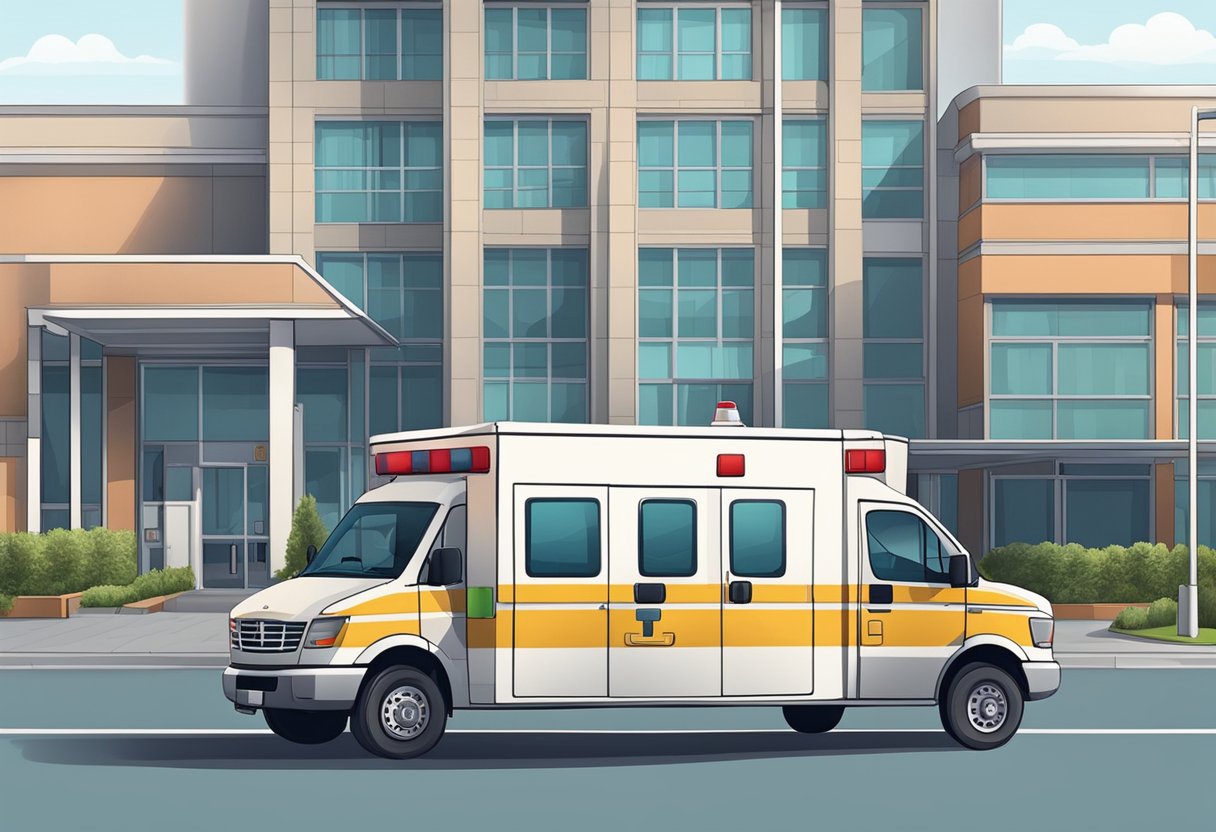 Uma ambulância particular estacionada do lado de fora de um hospital, com um paramédico carregando equipamentos médicos na parte de trás.