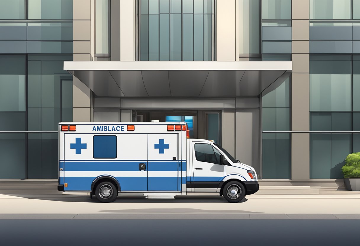 Uma ambulância estacionada do lado de fora de um prédio com um símbolo médico na lateral, uma maca visível através das portas traseiras abertas.