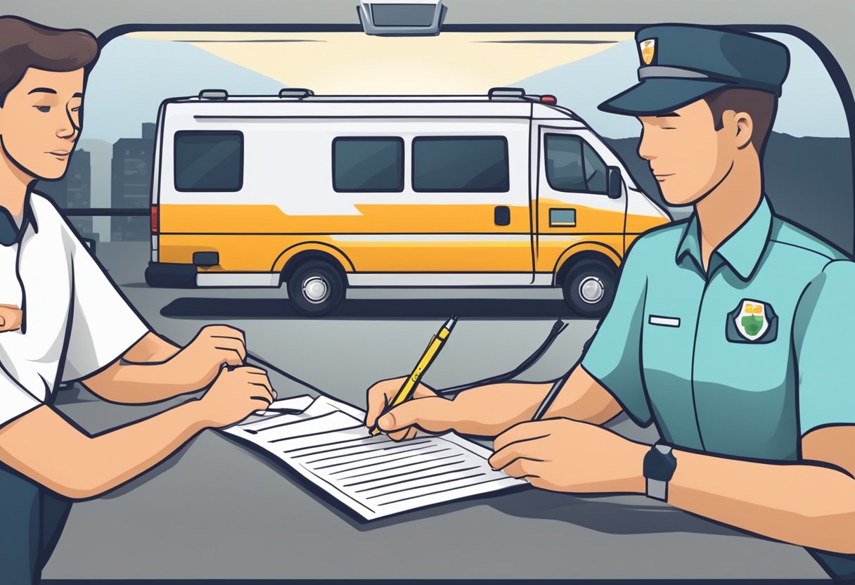 Uma pessoa assinando um contrato com uma empresa de ambulância privada, trocando dinheiro por serviços.