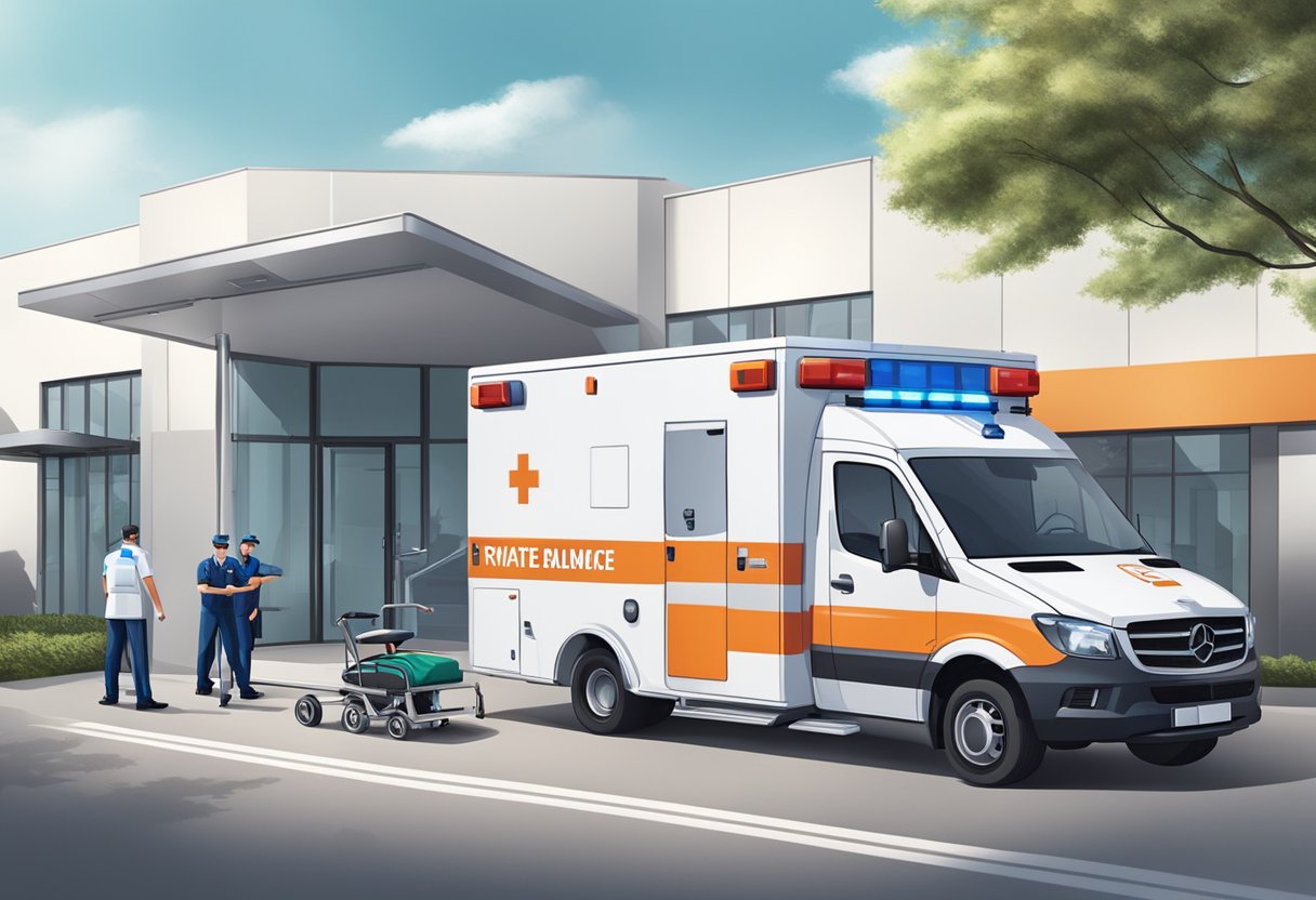 Uma ambulância particular estacionada do lado de fora de uma clínica moderna, com paramédicos carregando equipamentos médicos no veículo.