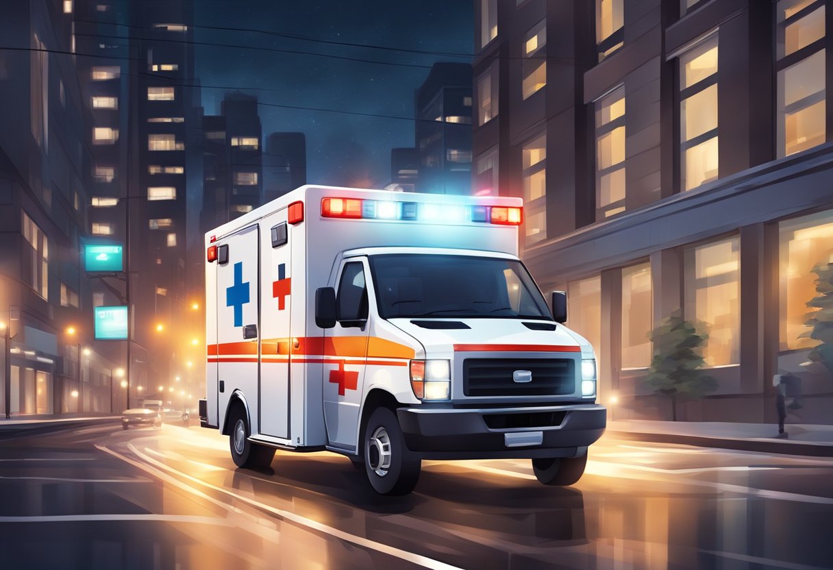 Uma ambulância particular correndo pelas ruas da cidade à noite, suas luzes piscando e sirene soando, enquanto se apressa para fornecer assistência médica urgente.