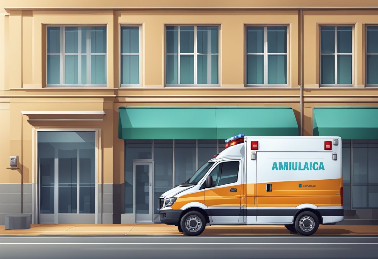 Uma ambulância particular estacionada do lado de fora de um prédio, com equipamentos médicos visíveis através das janelas.