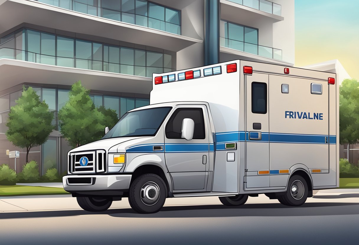 Uma ambulância particular com cobertura 24 horas, estacionada do lado de fora de uma unidade médica.