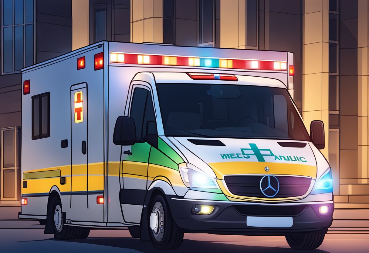Uma ambulância particular com luzes piscantes e um símbolo médico na lateral, estacionada do lado de fora de um prédio à noite