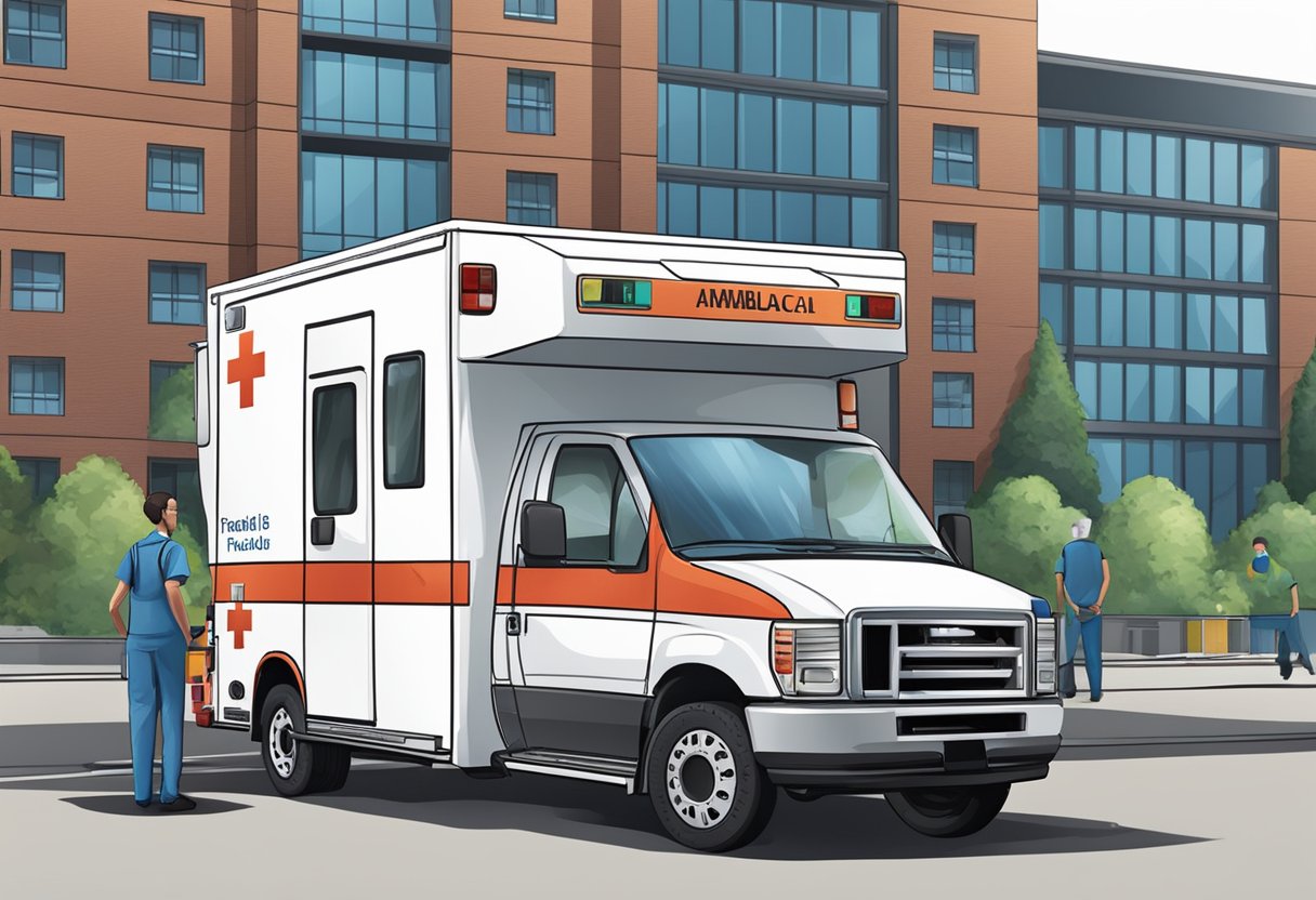 Uma ambulância particular estacionada do lado de fora de um hospital, com funcionários carregando suprimentos médicos.