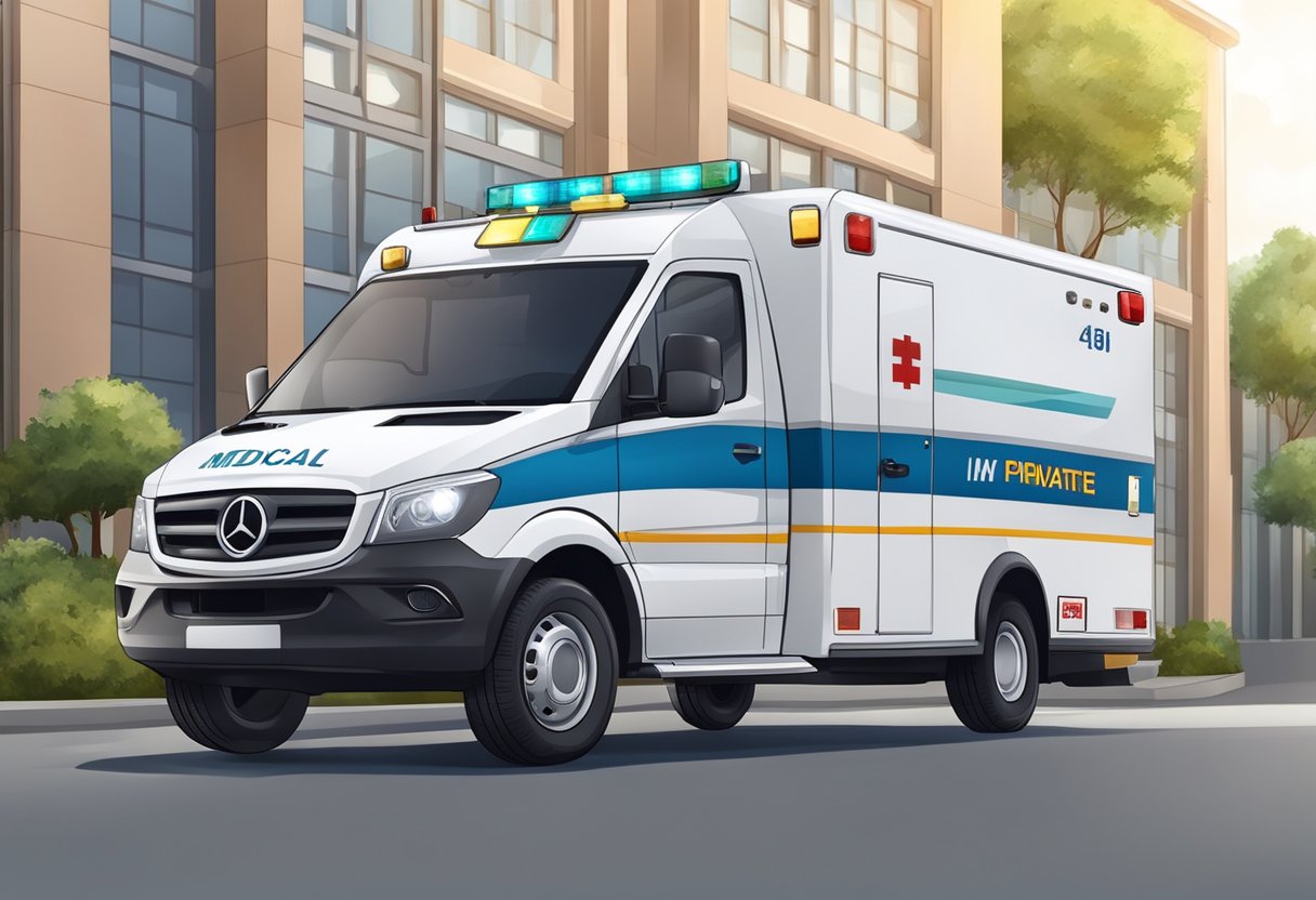 Uma ambulância privada com serviço 24 horas, adornada com certificações e marcas oficiais, estacionada em frente a uma unidade de saúde.
