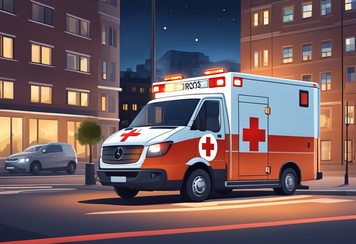 Uma ambulância particular estacionada do lado de fora de um prédio, com um símbolo de cruz vermelha na lateral, sob um brilhante poste de luz à noite.