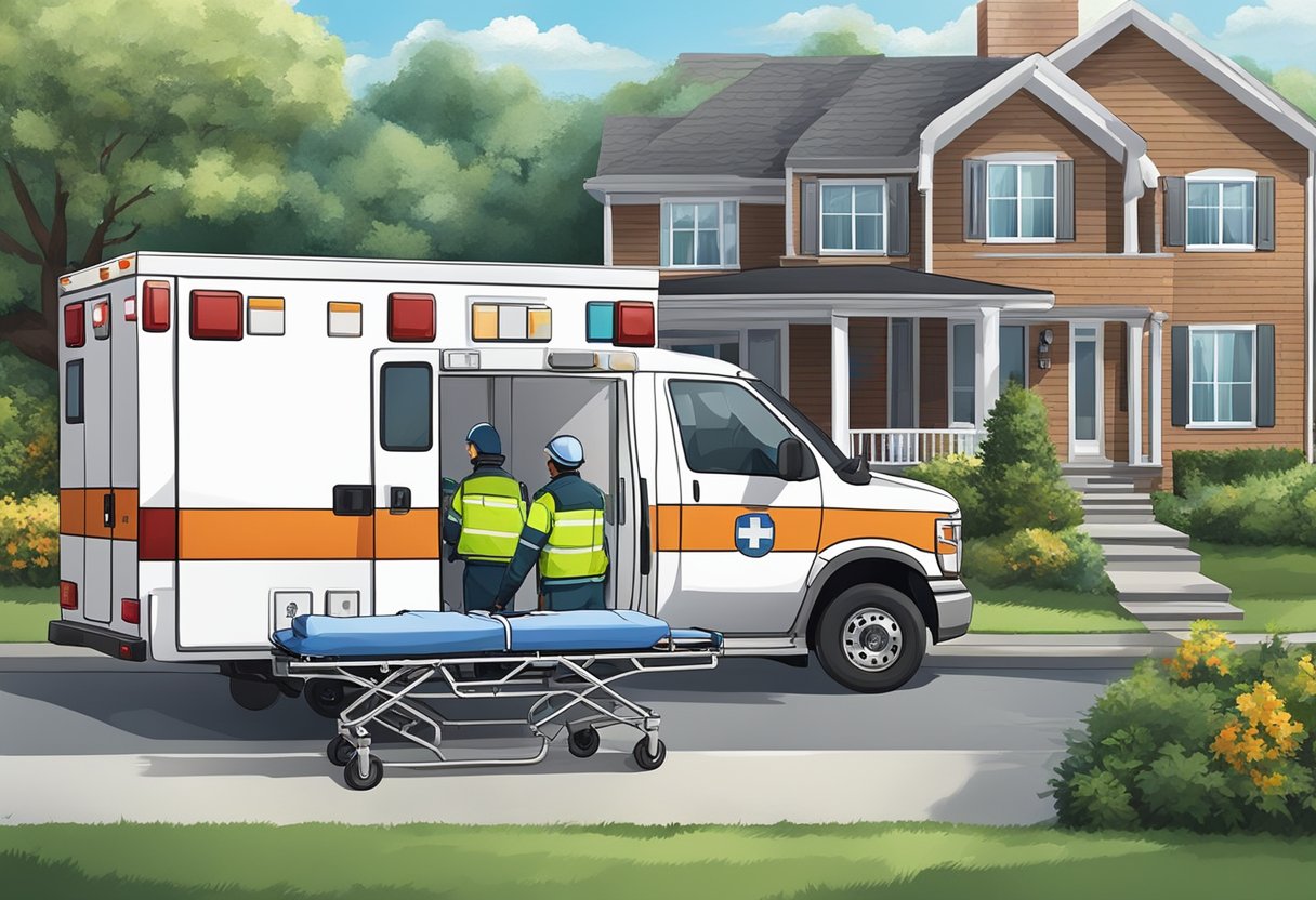 Uma ambulância estacionada do lado de fora de uma residência, com profissionais de saúde de emergência prestando atendimento a um paciente em uma maca.