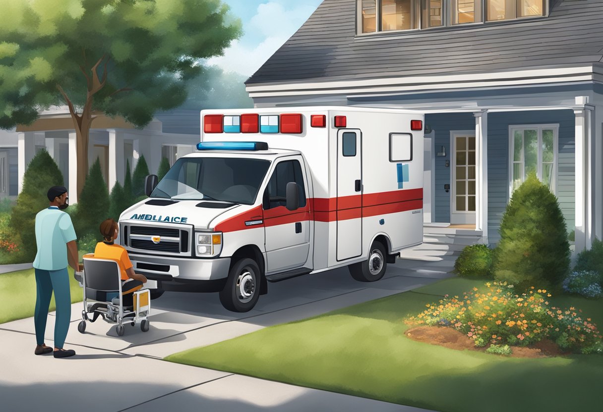 Uma ambulância estacionada em frente a uma casa, com um profissional de saúde prestando atendimento domiciliar a um paciente.