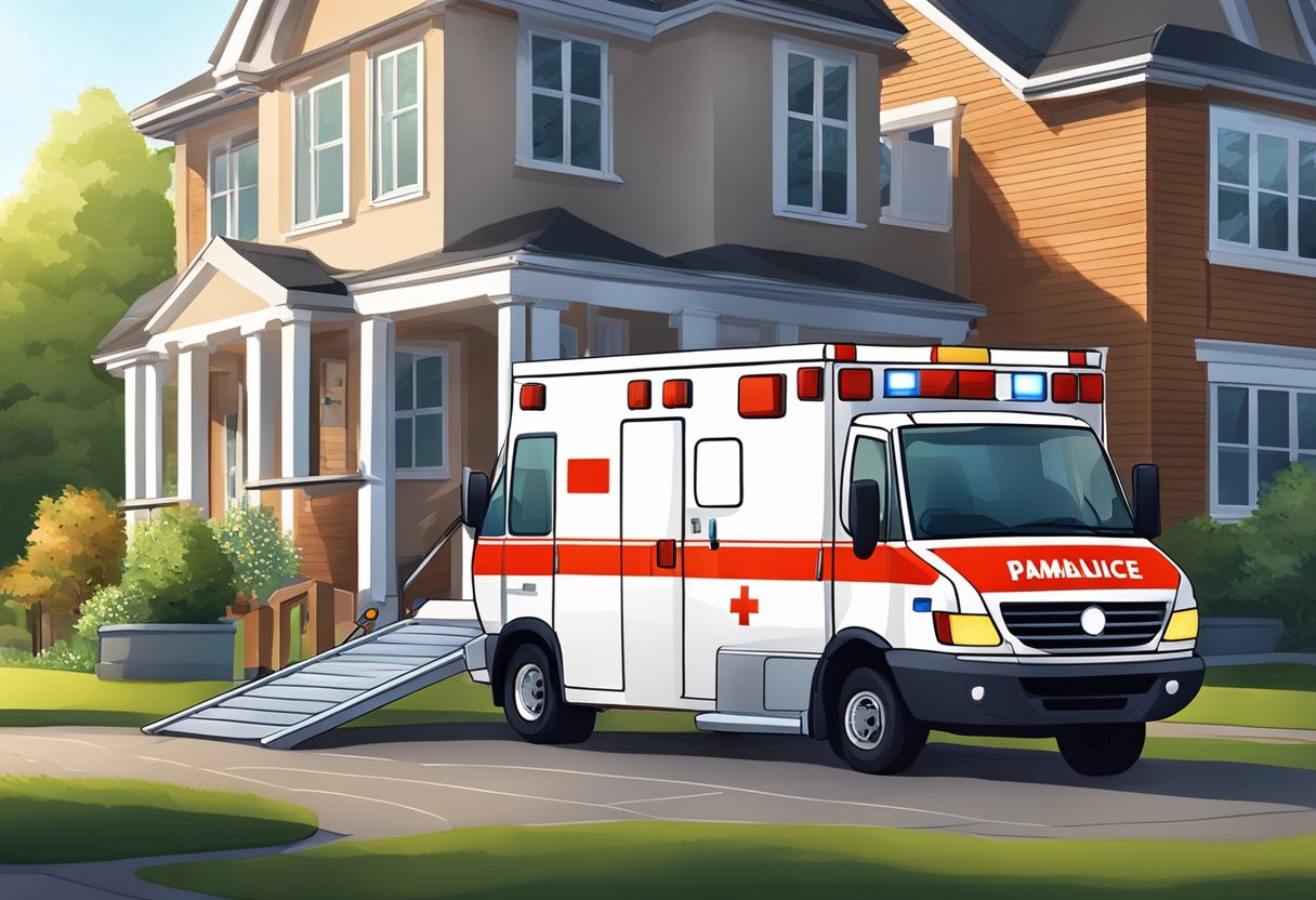 Uma ambulância estacionada do lado de fora de uma casa residencial, com equipamentos médicos sendo carregados em uma maca por paramédicos.