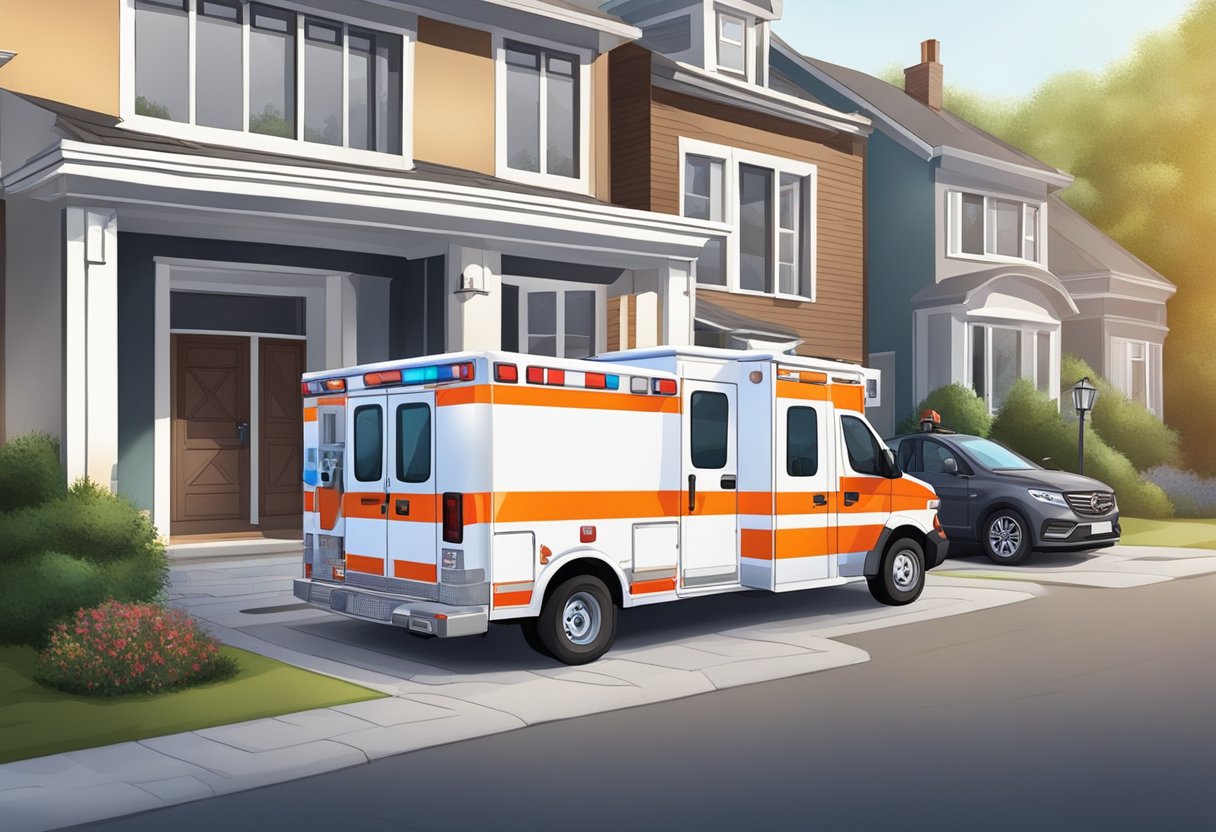 Uma ambulância estacionada do lado de fora de uma residência, com paramédicos prestando assistência médica a um paciente.