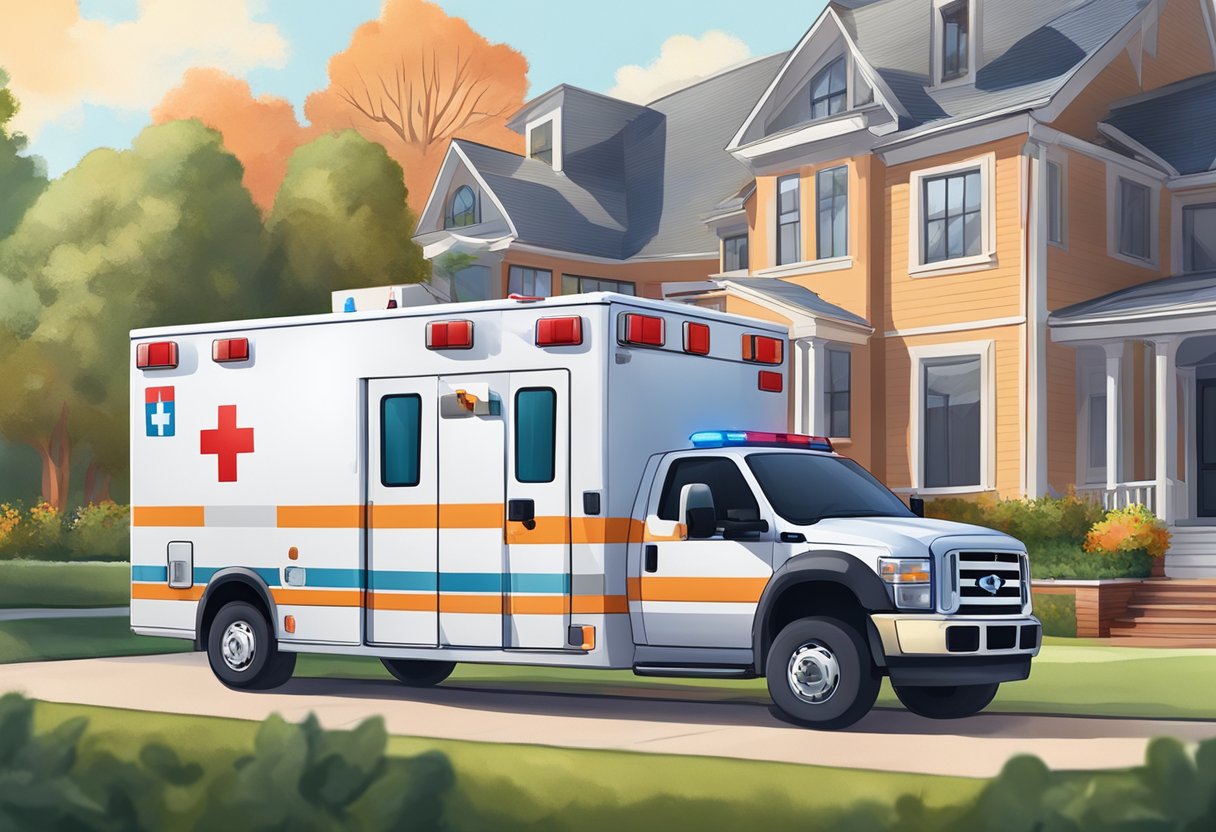Uma ambulância estacionada do lado de fora de uma casa residencial com uma equipe de profissionais de saúde fornecendo suporte de cuidados domiciliares.