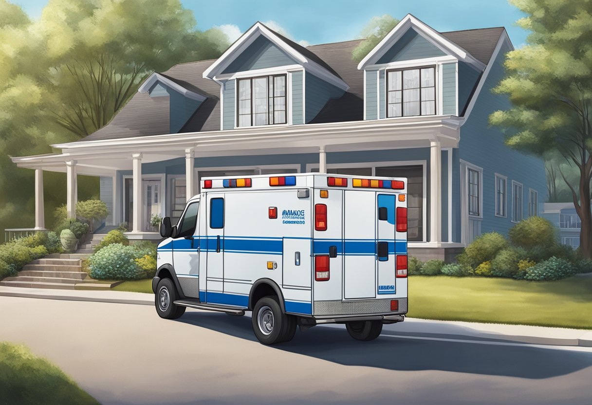 Uma ambulância estacionada do lado de fora de uma residência, com profissionais de saúde prestando atendimento a um paciente dentro.