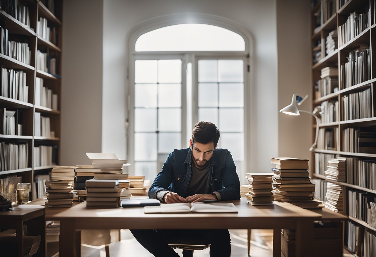 Uma pessoa sentada em uma mesa, cercada por livros, cadernos e um quadro de visão. O ambiente está cheio de luz natural, criando uma atmosfera pacífica e focada.