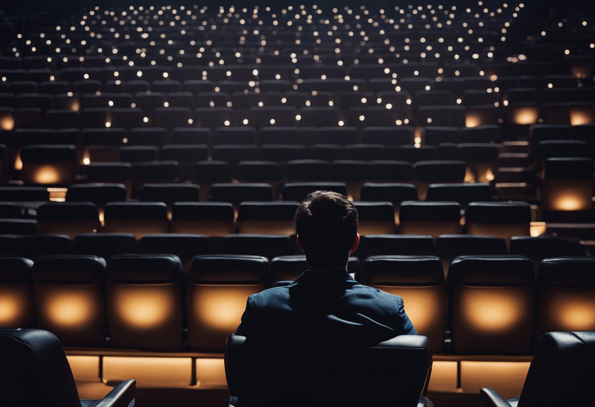 Uma pessoa sentada em um cinema escuro, assistindo a um filme sobre a importância de ter um plano de vida, com o brilho da tela iluminando seu rosto.