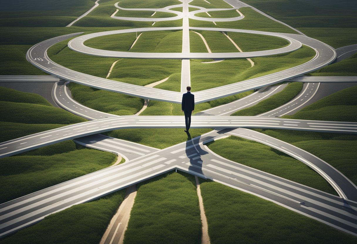 Uma pessoa em pé em uma encruzilhada, com vários caminhos levando em direções diferentes, simbolizando as escolhas e decisões envolvidas na formação da jornada da vida de uma pessoa.