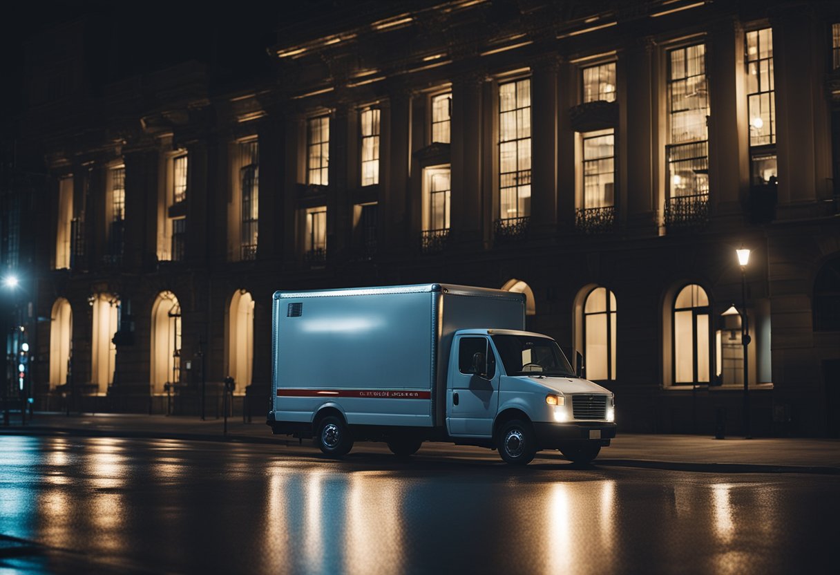 Uma rua da cidade escurecida com um caminhão de entrega iluminado estacionado em frente a um prédio após as 22h.