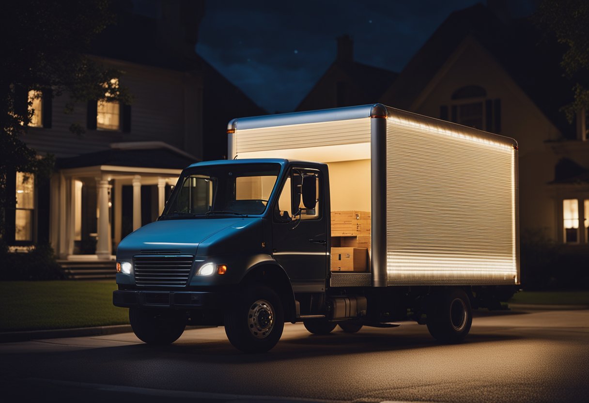 Um caminhão de entrega estacionado do lado de fora de uma casa escura, com uma luz de varanda acesa e um pacote sendo deixado na porta após as 22h.