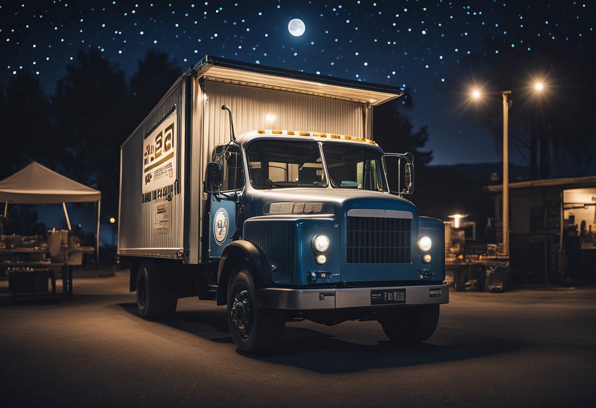 O caminhão de entrega do mercado chega após as 22h, sob um céu estrelado, com a lua brilhando intensamente. A placa do mercado está iluminada, e os faróis do caminhão iluminam a entrada.