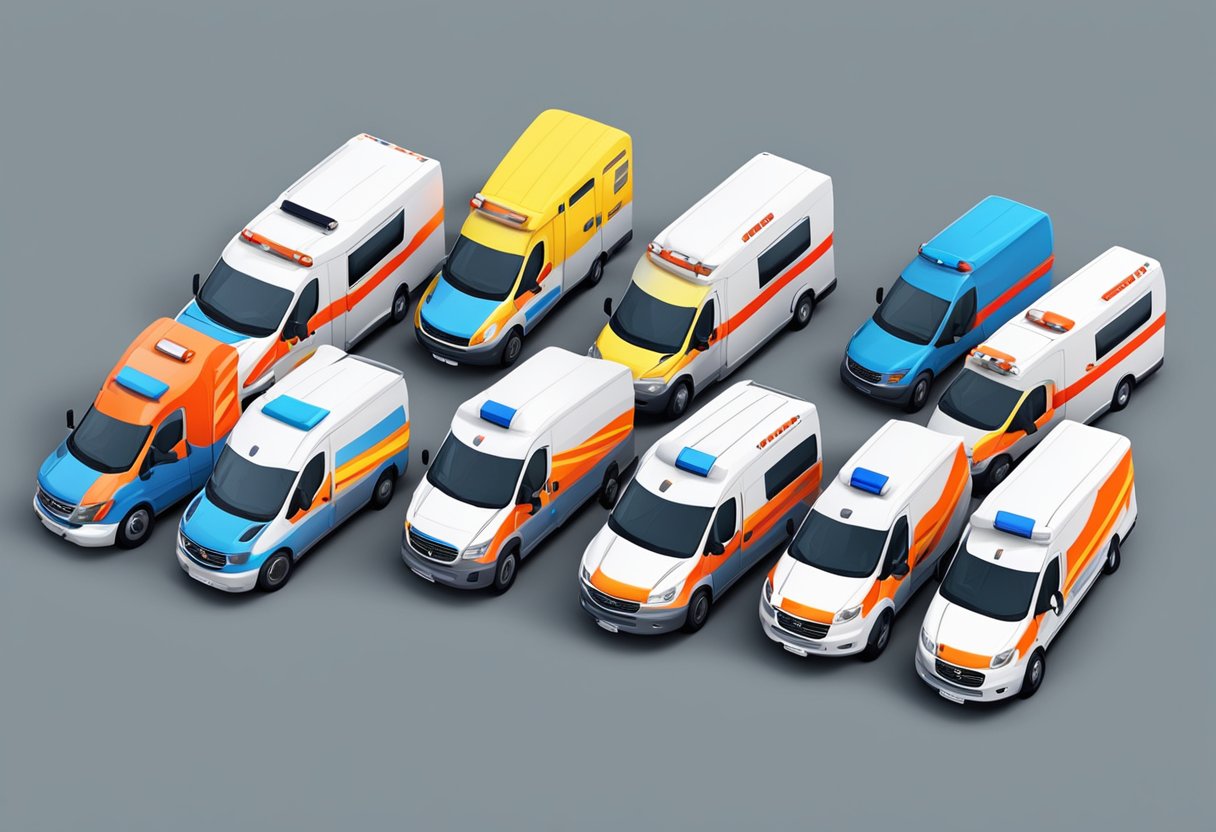 Uma frota de diferentes ambulâncias estacionadas em fila, cada uma com um design e cor únicos, pronta para responder a emergências.