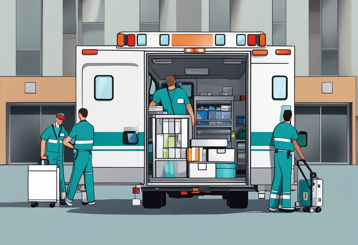 Uma ambulância estacionada do lado de fora de uma unidade médica, com equipamentos e suprimentos médicos sendo carregados nela por uma equipe de profissionais de saúde.