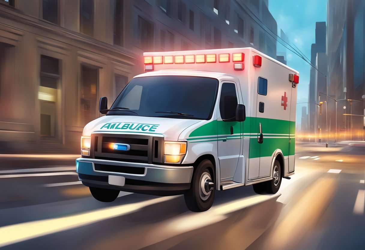Uma ambulância acelerando pelas ruas da cidade com luzes piscando e sirenes soando.