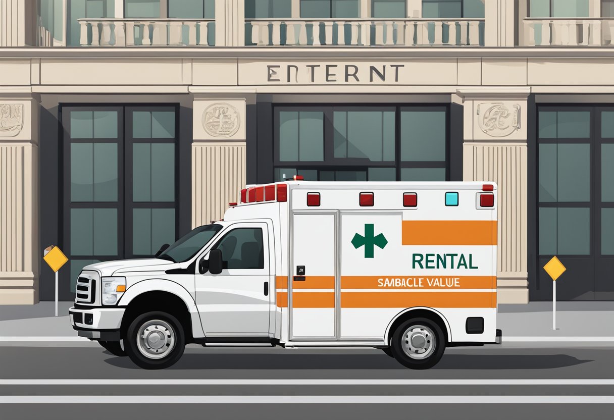 Uma ambulância estacionada do lado de fora de um prédio com uma placa exibindo o custo e o valor de aluguel