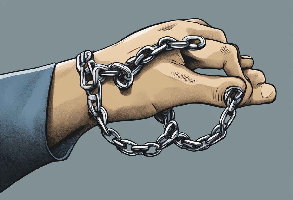 Uma pessoa sendo resgatada do domínio da dependência, simbolizada por uma corrente quebrada e uma mão estendida em busca de ajuda.