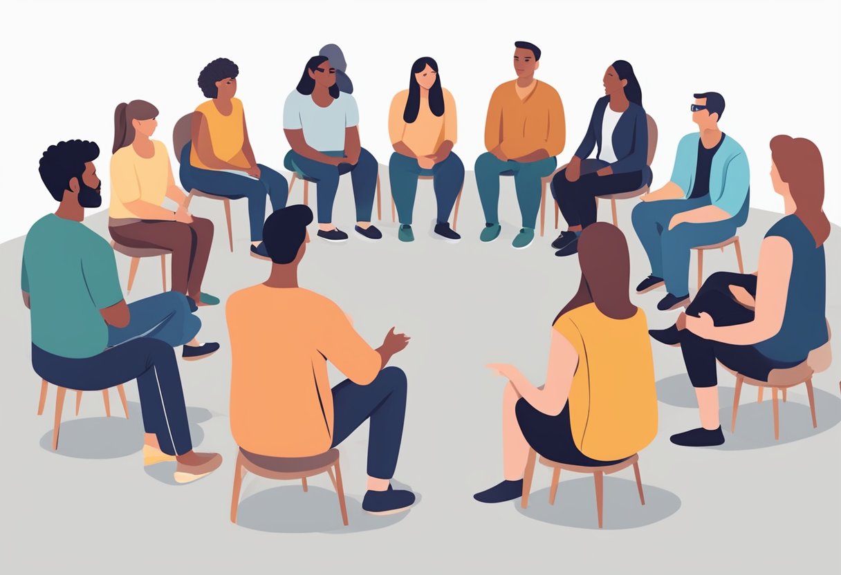 Um grupo de indivíduos em um círculo, participando de sessões de terapia em grupo e aconselhamento como parte de um programa de reabilitação para dependentes químicos.