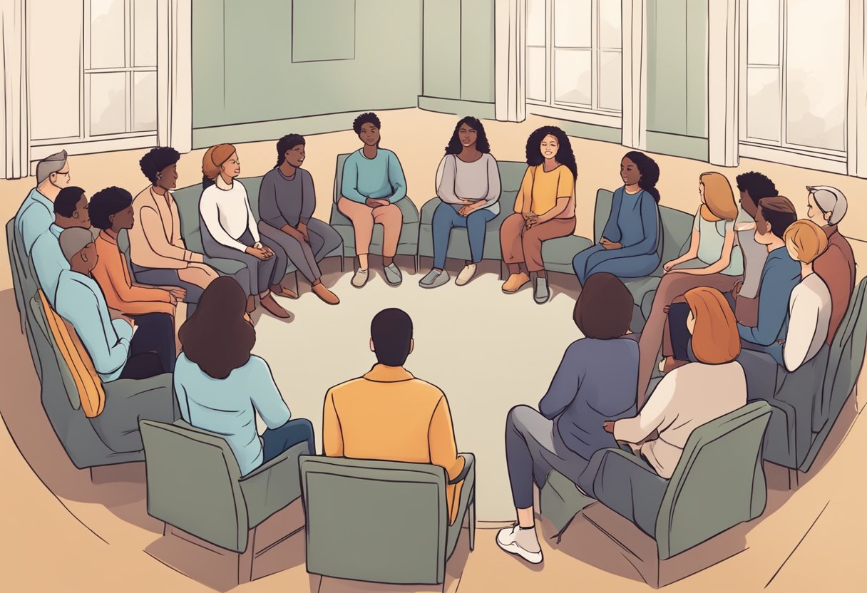 Um círculo de terapia em grupo com indivíduos compartilhando suas experiências e recebendo apoio de um conselheiro.