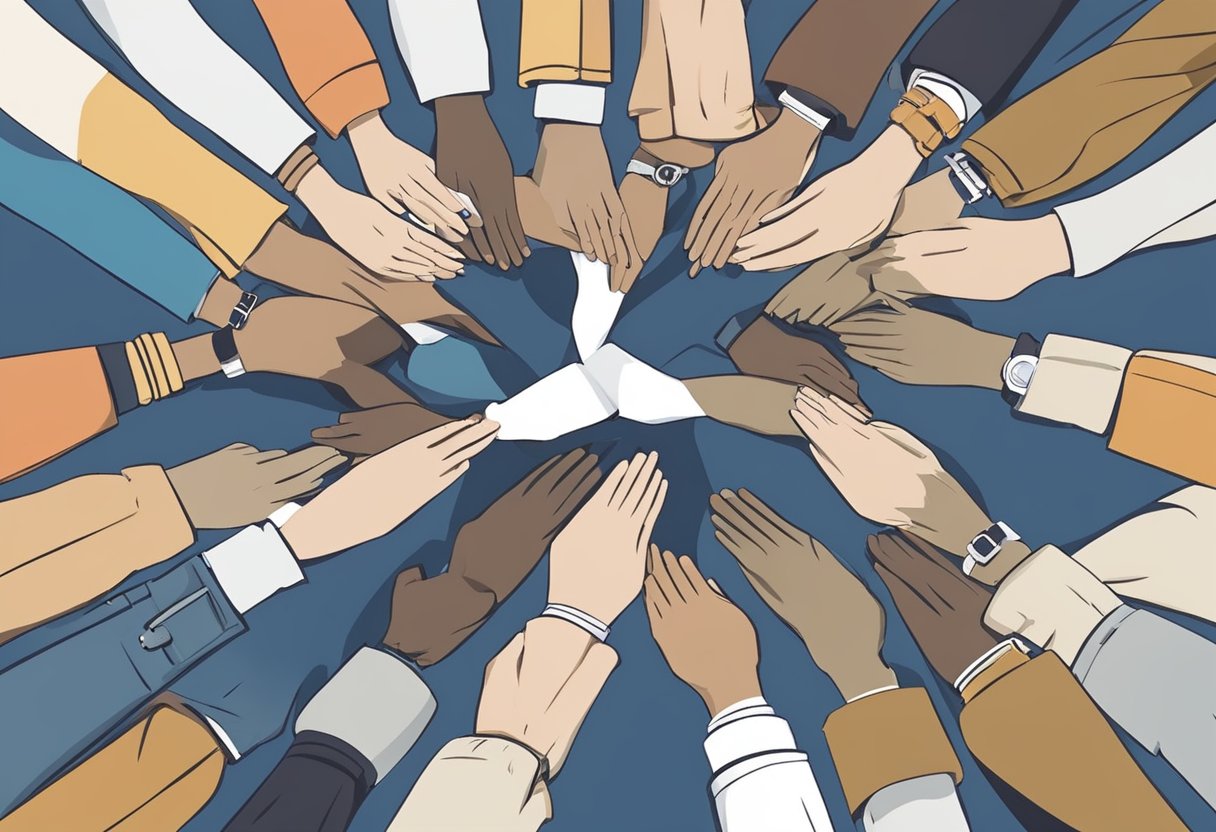 Um grupo de indivíduos se reuniu em um círculo, simbolizando unidade e apoio, com uma forte ênfase em confidencialidade e cidadania.