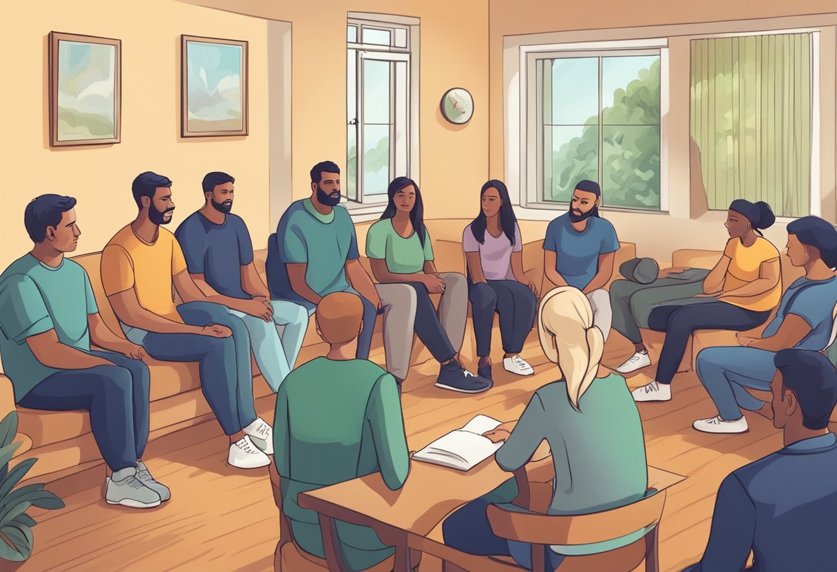 Um grupo de pessoas participando de um programa de reabilitação de drogas legal e ético, engajando-se em atividades de terapia e apoio em um ambiente pacífico e acolhedor.