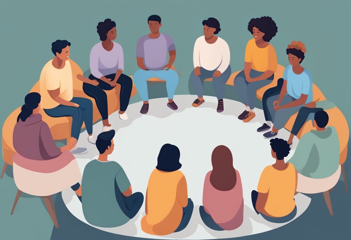 Um grupo de pessoas se reúne em um círculo, oferecendo apoio e orientação a indivíduos que lutam contra o vício. O ambiente é acolhedor e convidativo, com uma sensação de esperança e comunidade.