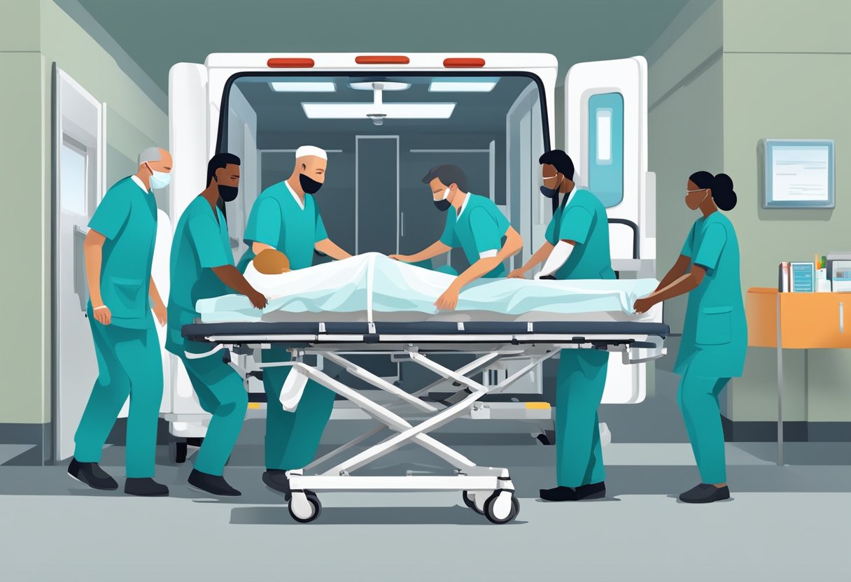 Uma equipe médica transfere cuidadosamente um paciente de uma cama de hospital para uma maca, garantindo um transporte intra-hospitalar seguro e protegido.
