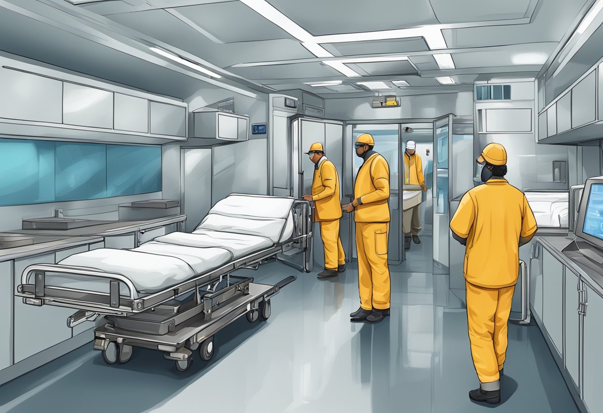 Uma equipe de transporte hospitalar prepara equipamentos e planeja rotas para o transporte intra-hospitalar de pacientes.