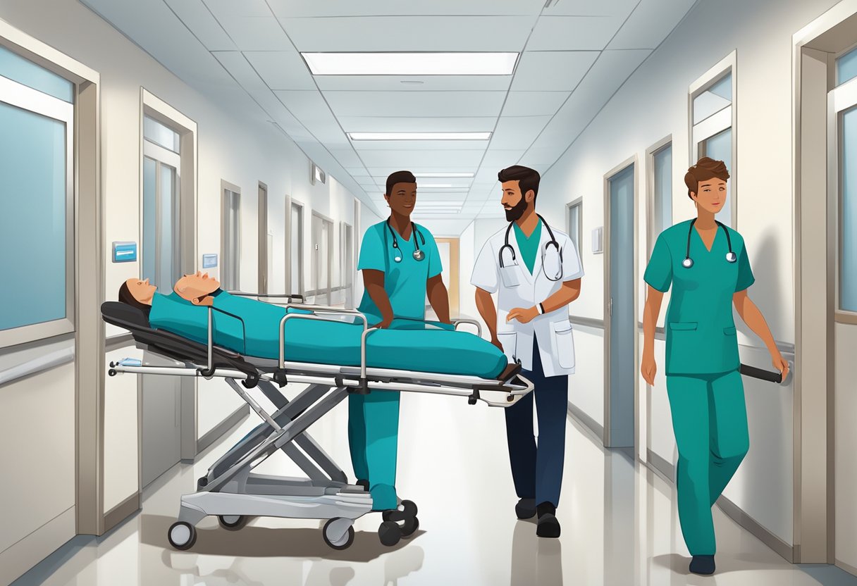 Uma equipe de profissionais de saúde rapidamente transporta um paciente em uma maca por um corredor do hospital.