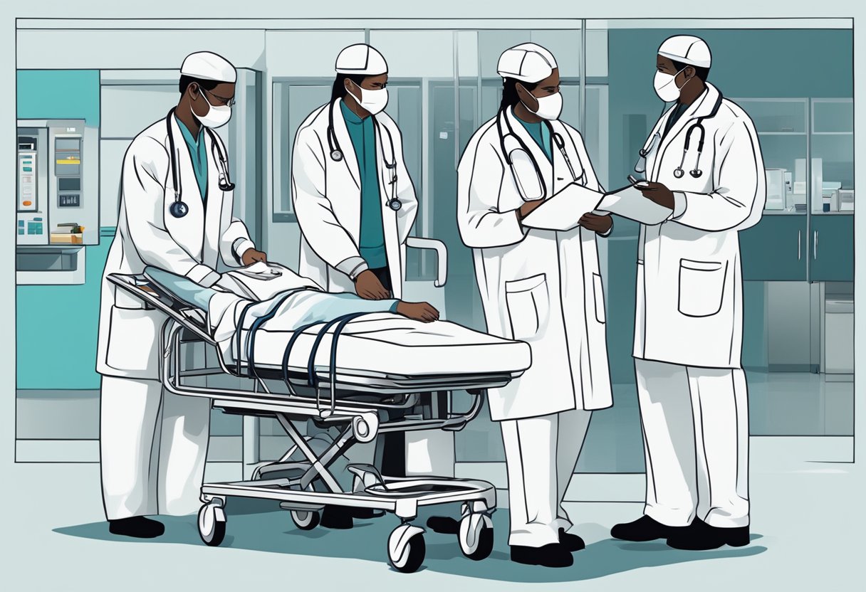 Uma equipe de profissionais médicos avalia e planeja os potenciais riscos e complicações durante o transporte intra-hospitalar de um paciente.