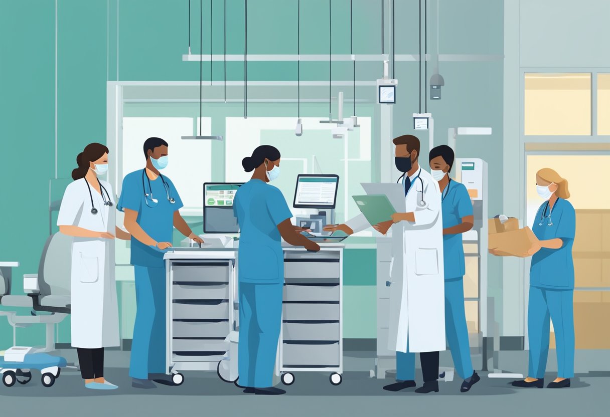 Uma equipe de profissionais de saúde transferindo equipamentos de forma colaborativa entre os departamentos do hospital.