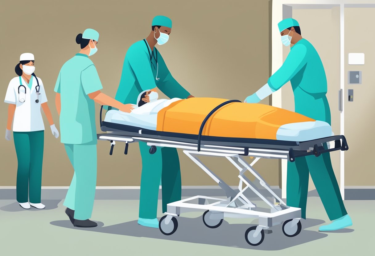 Um paciente sendo cuidadosamente transferido de uma maca para uma cama de hospital pela equipe médica.