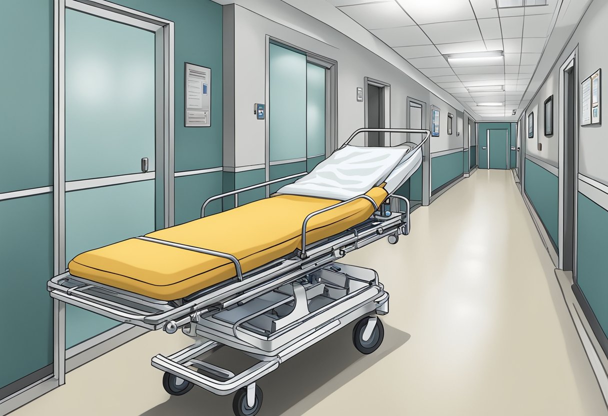 Uma maca hospitalar sendo empurrada por um corredor, com equipamentos e suprimentos médicos organizados e seguros.