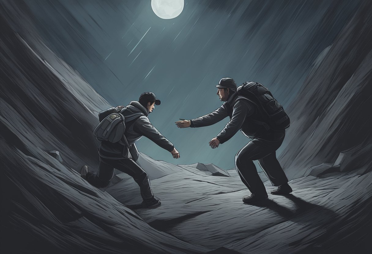 Uma pessoa se estendendo para resgatar um indivíduo em dificuldade em um ambiente escuro e desolado