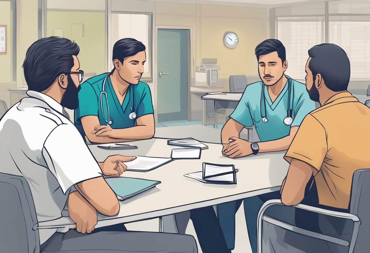 Um grupo de profissionais discutindo aspectos legais da intervenção e resgate de um dependente químico em um ambiente hospitalar.