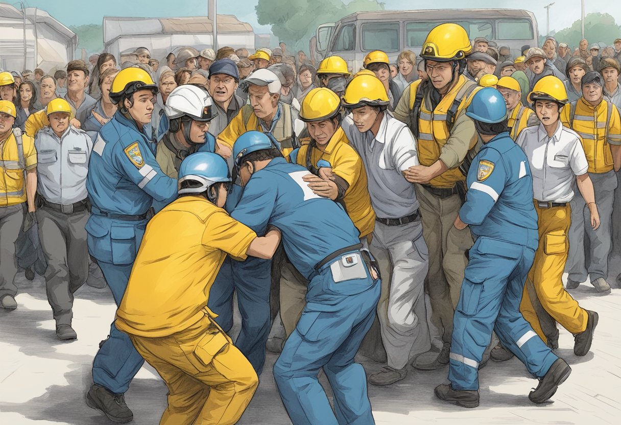 Um grupo de socorristas guia um indivíduo desorientado em direção a um veículo à espera, cercado por uma multidão solidária.