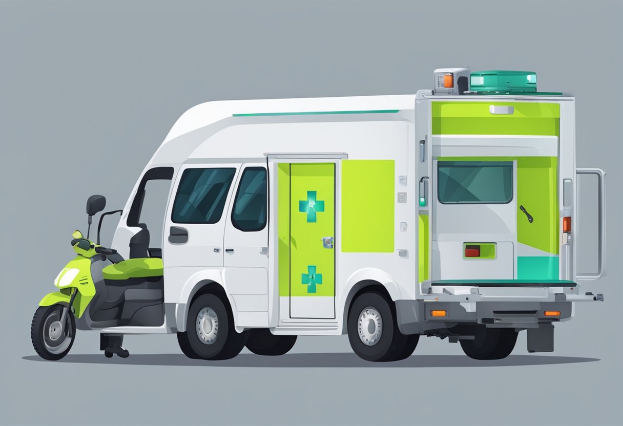 Um veículo de transporte médico com pessoal de segurança e equipamentos para atender pacientes químicos dependentes.