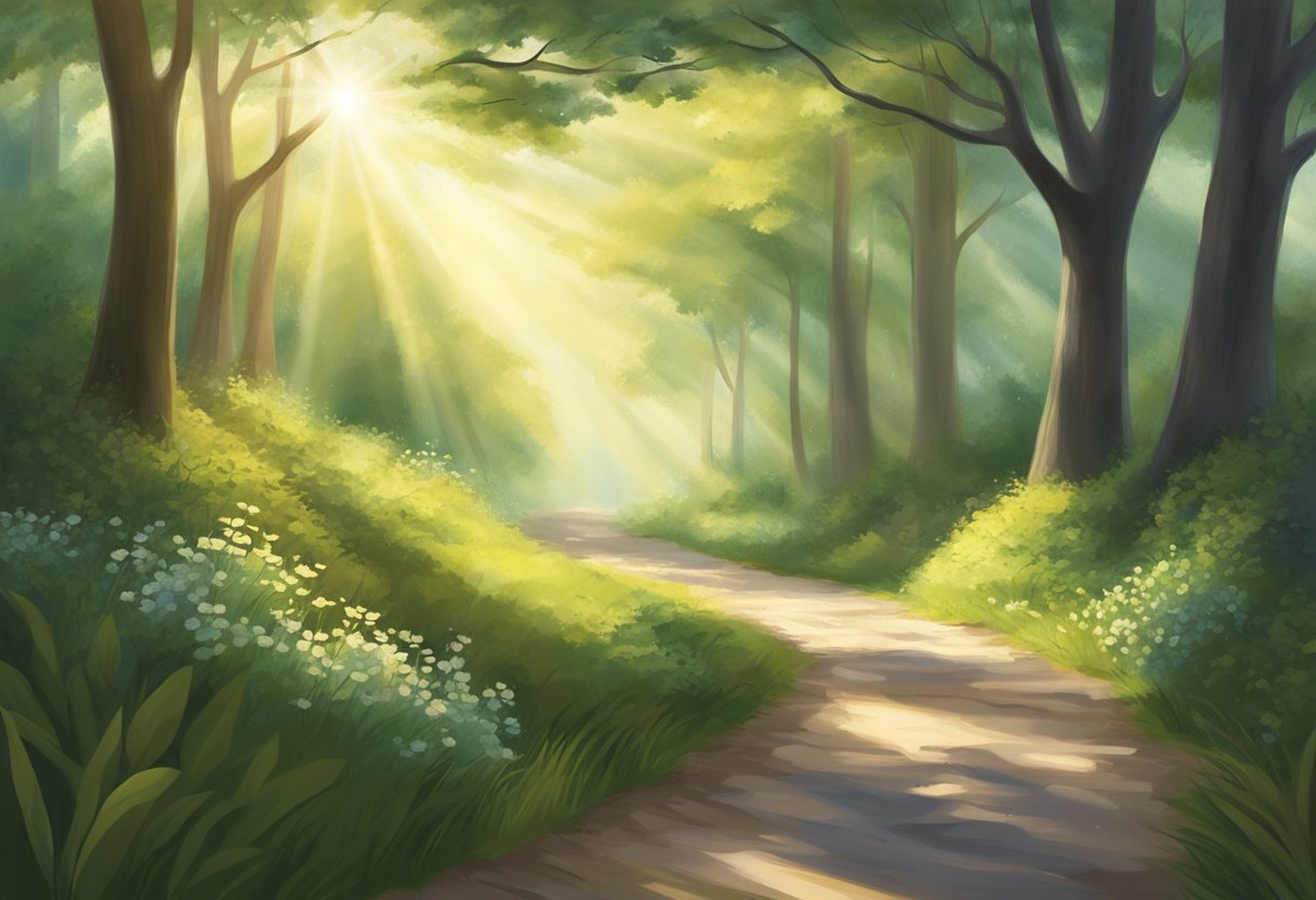 Um caminho sereno pela natureza, com a luz do sol filtrando através das árvores, simbolizando a jornada de recuperação de um indivíduo dependente de drogas.