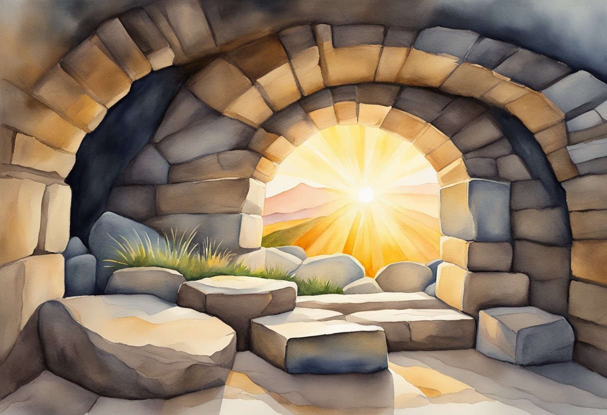 A radiant sunrise over an empty tomb, with a stone rolled away and beams of light breaking through the darkness