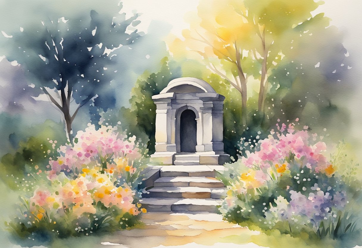 A stone tomb stands empty in a garden, surrounded by blooming flowers and shining in the light of the rising sun