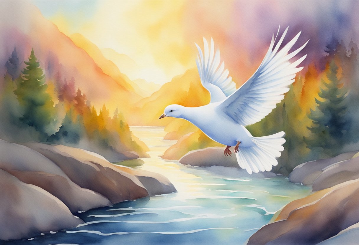 A radiant dove hovers above a flowing river, surrounded by a glowing aura of light and warmth