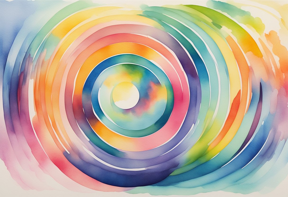A group of colorful, abstract shapes emitting vibrant sound waves in a circular pattern