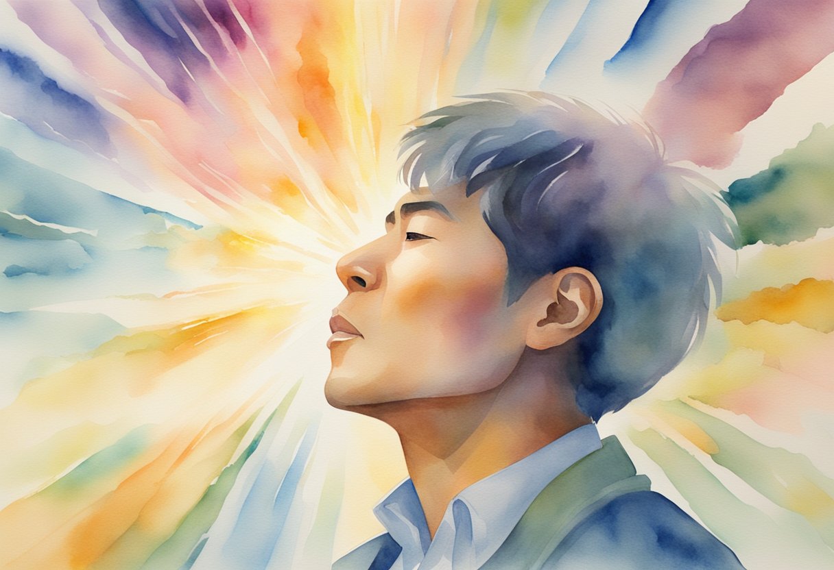 A person surrounded by a glowing aura, speaking in various languages as beams of light radiate from their mouth